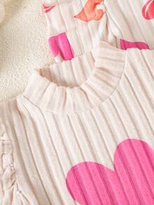 3pcs/Set Young Girls' Cute Heart Print Solid Color Ruffle Bubble Long Sleeve Mock Neck Fleece T-Shirts - Multicolor - View 5