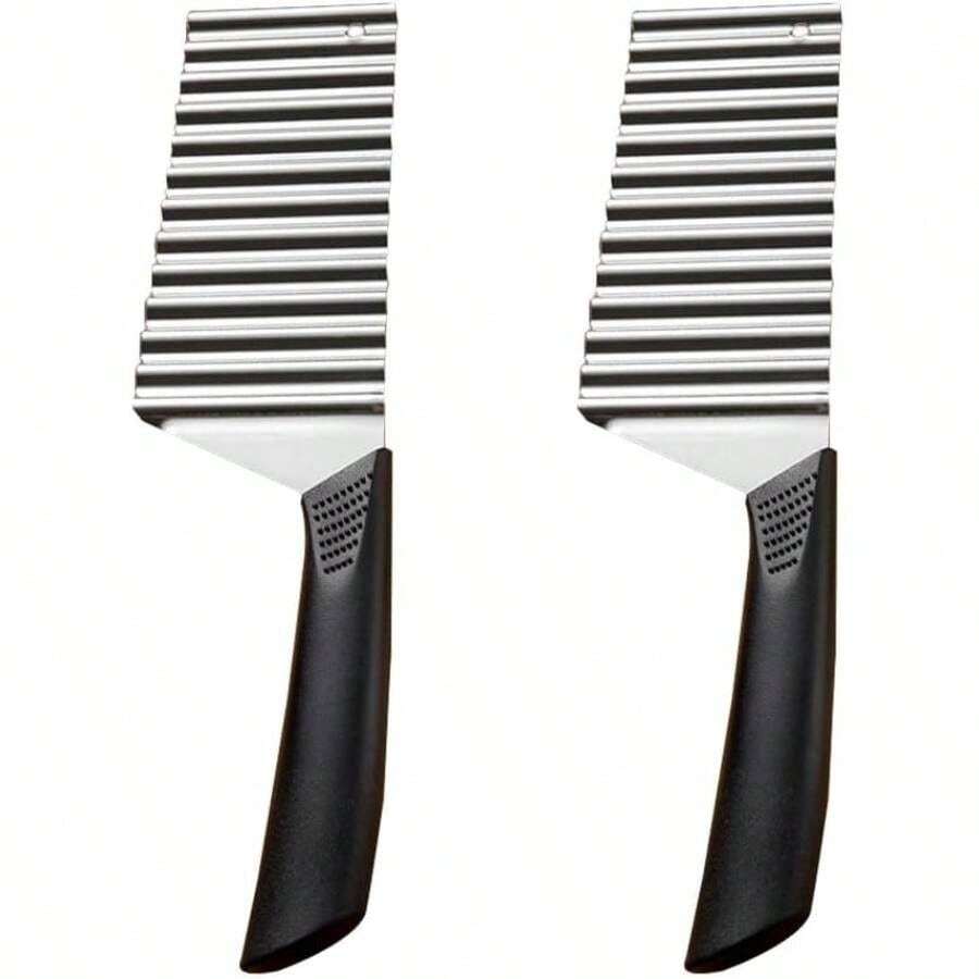 2Pcs Stainless Steel Crinkle Fry Cutter, Wavy Potato Chip Slicer With Comfortable Handle, Vegetable Chopping Knife For Potatoes, Carrots, Cucumbers, And Fruits, Kitchen Cutting Tool With Hanging Hole - 黑色 - 查看 1