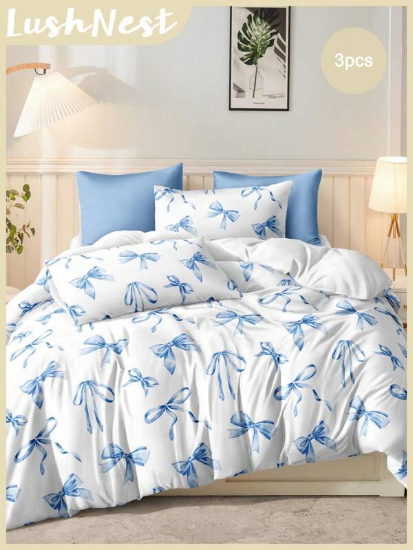 3 pièces Ensemble de housse de couette imprimé numérique mignon de princesse dame à l'nœud bleu aquarelle (1 housse de couette + 2 taies d'oreiller, sans rembourrage), fibre de polyester douce et agréable pour la peau, convient pour la chambre, le dortoir, toutes les saisons
