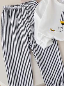 2pcs/Set Boys Casual Round Neck Sweatshirt With Embroidered Design And Elastic Waist Striped Jogger Pants, Suitable For Spring/Autumn Outdoor Wear - White - View 7