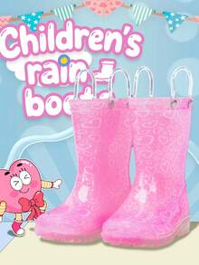 粉色幼儿儿童雨靴女童带手柄防水靴心形图案雨鞋户外雨季玩耍 - 粉色 - 查看 2