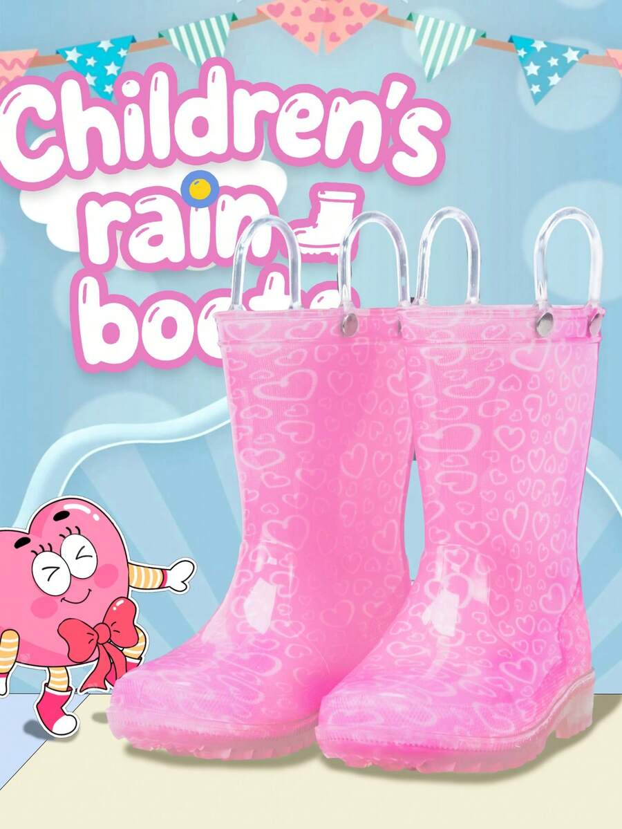 粉色幼儿儿童雨靴女童带手柄防水靴心形图案雨鞋户外雨季玩耍