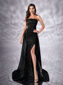 YISIKADO Pailletten-Kontrastkleid aus Satinstoff, trägerlos, mit Beinschlitz, Partykleid für Damen, Geburtstag, Abschlussball, Hochzeitsgast - Schwarz - Übersicht 5