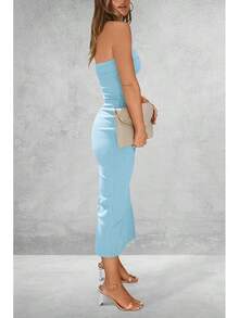 Women's Summer Bodycon Maxi Tube Dress Ribbed Strapless Side Slit Long Going Out Casual Elegant Party DressesHalloween Christmas New Year - Aqua Blue - 查看 2