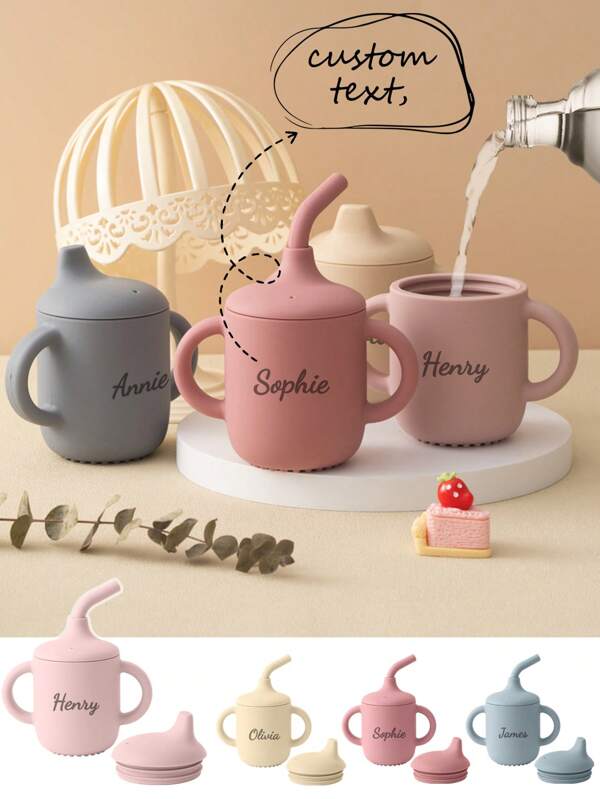 1PC Personalized Customization Name Baby Silicone Cups Sippy Cup With Double Lids Water Bottle Kids Custom Baby Tableware Baby Shower Family Decorations Gifts Winter Eve Gifts Back To School Winter Gift Ideas Boy Girl Valentine's Day Ornamental, Letter Exquisite, Stylish, Baby Fashion, Soft Squishy, Colorful, Cute Kawaii Adorable Unique, Customized Treasurefinds,Birthday Gift