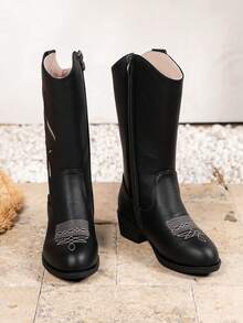 New Black Western Cowboy Style Party Soft Leather Casual Fashion Outdoor Children High Heel Boots - Black - View 10
