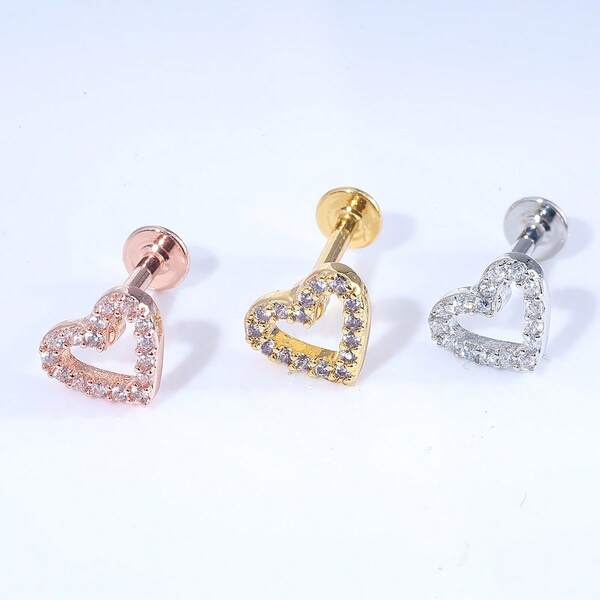 1pc Minimalist Hollow Heart Shape Tiny Flat Back Stud Earrings, Copper Alloy Zirconia Cartilage Tragus Screwback Lip Labret Helix Piercing For Women Jewelry Gifts