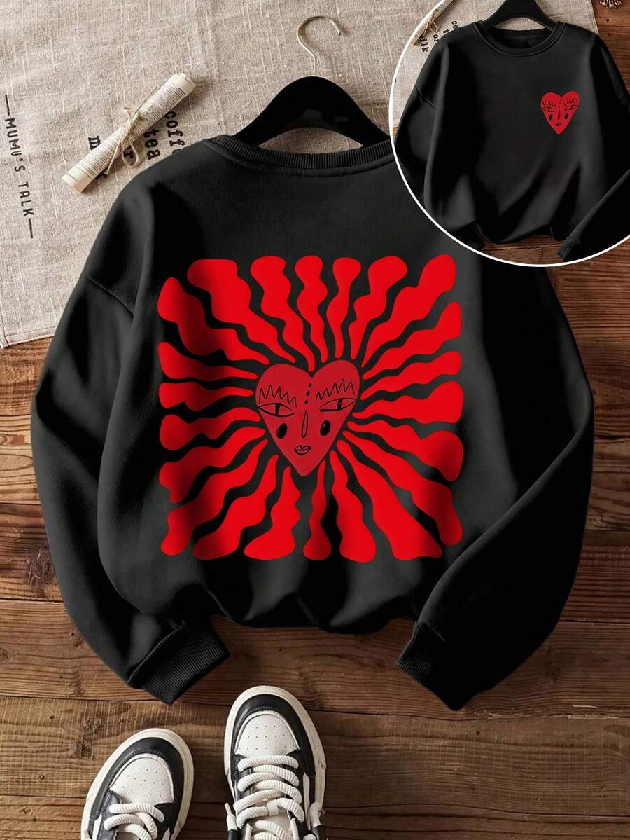 棉質女士上衣，落肩舒適衛衣，圓領超大運動衫，休閒，外出上衣，春秋兩季，垂感，柔軟透氣長袖上衣，百搭學院風，街頭服飾運動上衣女裝，早午餐女性服裝，女士節日服裝，藝術感 愛心圖案印花，黑色上衣 - 黑色1 - 查看 1