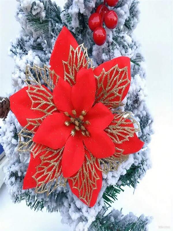 10pcs Christmas Tree Decorative Flowers, Christmas Flowers, Artificial Glowing Red Flowers, Suitable For Christmas Tree And Wreath Decoration, Christmas Holiday
