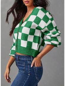 Women's Checkered Button Down Long Sleeve Knit Cropped Cardigan Sweater Tops, Style - 綠色 - 查看 2