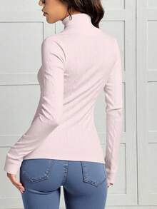 Jersey cardigan mujer, suéter cuello alto, prenda ajustada, ropa de invierno, suéter texturizado, ropa cómoda, suéter elegante, jersey de punto, moda femenina, prenda versátil, suéter con mangas largas, ropa para frío, suéter para layering, outfit casual, moda de otoño-invierno. - Rosa Pálido - Ver 2