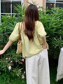 Y6Y [韩式/日式]方领泡泡袖衬衫，夏季甜美休闲度假上衣 - 綠色 - 查看 2