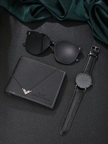 Set de 3 piezas de reloj de negocios de lujo, billetera y gafas de sol de estilo minimalista y casual para hombres, adecuado para uso diario, diseñado para hombres, esencial para el atuendo diario de los hombres, regalo ideal para él en ocasiones como regreso a la escuela, Halloween, Acción de Gracias, Aniversario
