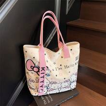 Sanrio Hello Kitty Bag Women's Large Capacity Tote Bag Travel Shoulder Handbag,Sanrio Hello Kitty Canvas Handbag, Cute KT Tote Shoulder Bag, Cartoon Versatile Tote Bag, Large Capacity Commuter Bag, Suitable For Travel, Back To School, Commuting