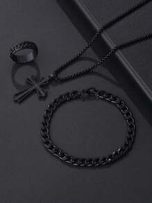 3pcs Men's Fashion Punk Rock Hip Hop Party Accessories Rose Flower Cross Necklace Bracelet Ring Set