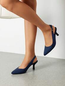 Women's Kitten Heel Point Toe Buckle Decor Slingback Stiletto Low Heels Dress Bridal Elegant  Solid Color Wedding Pumps Shoes - 霧霾藍 - 查看 2