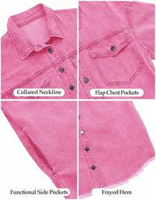 Vetinee Women's Oversized Button Up Frayed Hem Shacket Long Sleeve Pockets Denim Jean Jacket - Magenta Pink - 查看 6