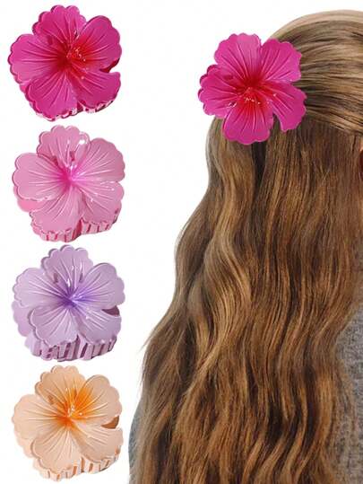 4个渐变色花朵发夹，渐变色爪夹，适用于丸子头、马尾辫、沙滩装、度假风，优雅甜美，是情人节、感恩节、复活节、生日、节日的理想礼物。