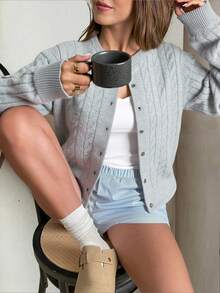 FOR BEAUTY 女士圆领扭结纽扣长袖针织开衫，女士短款宽松舒适灰色毛衣外套，春秋新品 - 灰色 - 查看 4