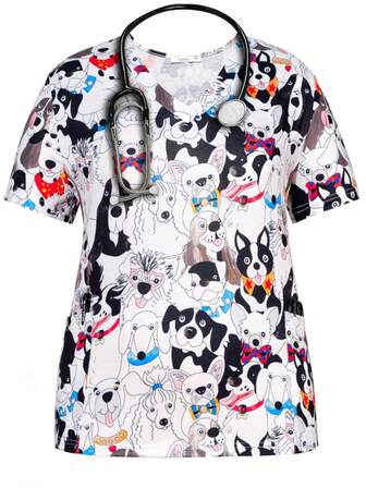 Plus Size Women's Spring & Summer Fall Cartoon Dogs V-Neck Scrub Short Sleeve Nurse Uniform Tops With Pockets For Women