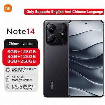 Xiaomi Smartphone Redmi Note14 con procesador MediaTek Dimensity 7025-Ultra, batería de alta capacidad de 5110mAh para un rendimiento duradero, pantalla grande de 6.67 pulgadas y sonido ultra potente. Solo admite los idiomas inglés y chino.