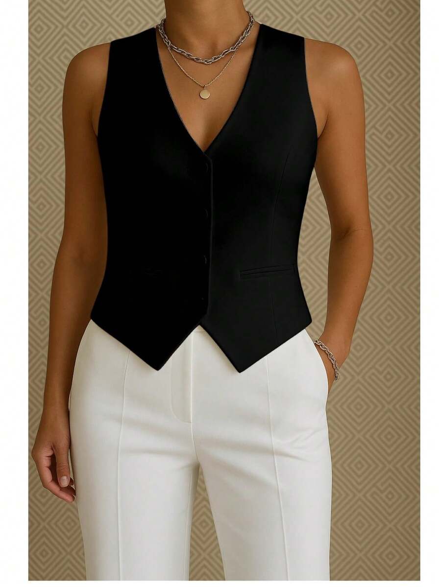 Women's Basic Tailored Vest Animal Argyle Bamboo Bat Beach Butterfly Knot Car Cartoon V-Neck Print Christmas Color Block Casual Woven Fake Pockets Vest Evening Holiday Daily Birthday Party Formal & Evening Travel Brunch Tea Party Stage & Concert All - 黑色 - 查看 1