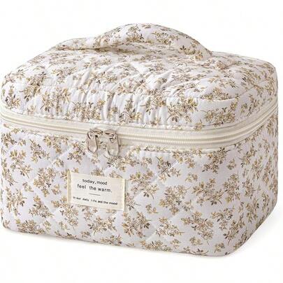 HBselect Quilted Makeup Bag Women, Floral Cotton Cosmetic Bag Large Travel Makeup Bag Coquette Aesthetic Toiletry Bag