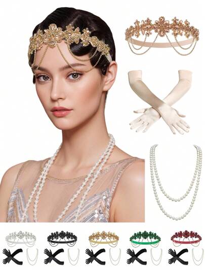3pcs 1920s Flapper Gatsby Costume Accessories Set 20s Flapper Headband Vintage Pearl Necklace Gloves Party Headpiece For Women