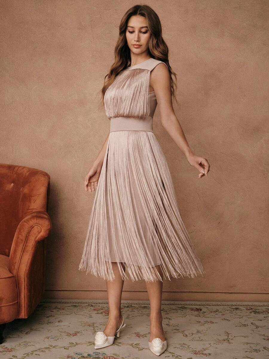 Savoree Desert Goddess Fringe Boho Chic Fitted Maxi Dress, Suitable For Summer Festival, Elegant Holiday Vacation, Casual Beach Style