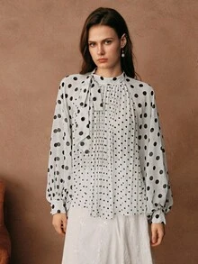 Savoree Women Elegant Polka Dot Print Pleated Tied Blouse, Long Sleeve Tops, Versatile Work & Casual Outfits, Spring