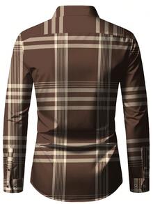 男士时尚不对称条纹格子休闲商务通勤长袖衬衫，男士正装衬衫，男士格子衬衫。适合日常穿着、工作通勤、外出、聚会，可搭配西裤或西装出席派对、婚礼、蜜月等场合。可作为礼物送给儿子、丈夫、男友、父亲。 - 卡其色 - 查看 3
