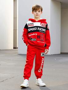 2pcs/Set Teenage Boys' Letter Print Hooded Sweatshirt And Pants, Street Fashion Knit Long Sleeve Top And Trousers, Suitable For Spring, Autumn And Winter - 紅色 - 查看 1