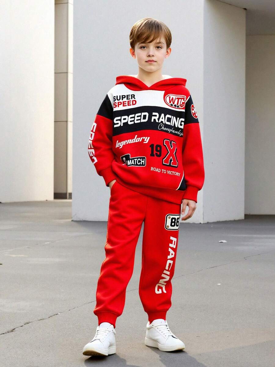 2pcs/Set Teenage Boys' Letter Print Hooded Sweatshirt And Pants, Street Fashion Knit Long Sleeve Top And Trousers, Suitable For Spring, Autumn And Winter - 紅色 - 查看 1