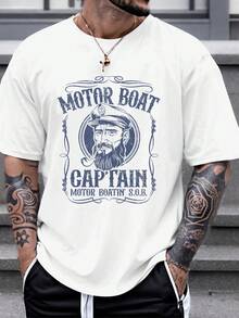 Motor Boat Captain Funny Pontoon Boating Motor Boatin Lake T-Shirt, Casual Shortsleeved Round Neck Top, Machine Washable, Comfortable Fit For All Seasons, Tshirt With Unique Pattern, Comfortable Fit. , Relaxed Fit, Casual Wear,  Top, Men's T-Shirt,Halloween,Casual,Christmas - trắng - Xem 2