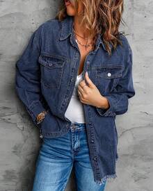 Vetinee Women's Oversized Button Up Frayed Hem Shacket Long Sleeve Pockets Denim Jean Jacket - Dark Blue - 查看 5