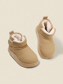 2025 Model Khaki Short Boots Suitable For 3-12 Years Old Boys And Girls, Synthetic Leather Upper, Warm Thermal Lining, Non-Slip Durable Sole, Pull-On Style Basic Flat Short Boots, Children's Winter Snow Boots, Essential Item For School, Winter Outings And Christmas Outfits! - Khaki - View 1