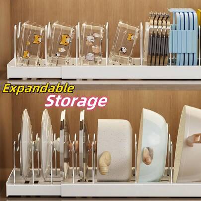 [Expandable Pot Lid Holder Rack] Pots And Pans Organizer, Adjustable Bakeware Organizer Pot Lid Holder Rack, Expandable Kitchen Organizer Rack Holder With Dividers - Under Cabinet Storage For Pots, Pans, Lids, Bakeware (White)
