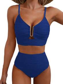 Bộ đồ bơi bikini hai mảnh họa tiết ruffle khoét lỗ trơn màu mùa hè 2025 dành cho nữ đi biển - Xanh đậm - Xem 3