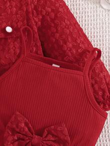 2 件套女孩生日派对礼物，时尚 3D 印花夹克和条纹蝴蝶结网眼吊带裙 - 紅色 - 查看 6