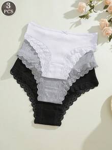 3pcs/Set Cotton Solid Color Lace Patchwork Bow Design Criss-Cross Back Breathable Sexy Women's Underwear Set