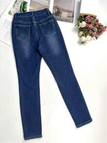 Winter Warm Thick Mid Waist Vintage Washed Elastic Skinny Jeans With Whisker Details Multiple Buttons - Blue - View 9