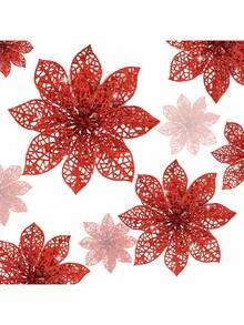 2pcs/10pcs/20pcs Hollow Mesh Clip-On Artificial Poinsettia, Christmas Tree Decorations, Glitter Poinsettia Wreath Decor, Holiday Decorations, Christmas Tree, Wreath, Glitter Poinsettia Christmas Tree Ornaments, Holiday Decor, DIY Poinsettia Wreath, Party Decorations