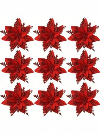 2 pezzi/10 pezzi/20 pezzi Fiori artificiali lucidi di Natale (con clip), decorazioni per albero di Natale multicolore per Natale, Capodanno, matrimonio, festa, fiori e corone fai-da-te