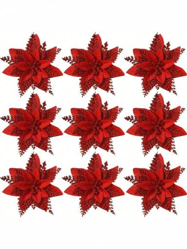 2 pezzi/10 pezzi/20 pezzi Fiori artificiali lucidi di Natale (con clip), decorazioni per albero di Natale multicolore per Natale, Capodanno, matrimonio, festa, fiori e corone fai-da-te