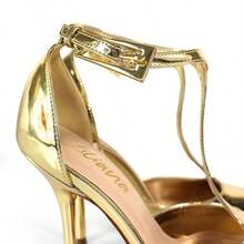 时尚女士镜面金色漆皮尖头T型带高跟凉鞋春夏度假鞋 - 金色 - 查看 3