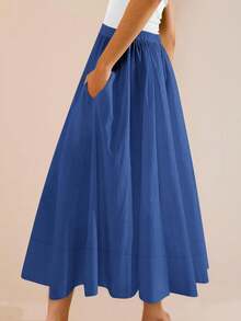Womens A-Line Midi Skirt Elastic High Waist Pleated Flowy Swing Casual Long Skirt With Pocket - 藍色 - 查看 3