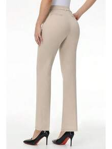 Women's Stretchy Straight Leg Dress Work Pants Business Office Casual Slacks With Pockets, Style - Pale Khaki - View 2