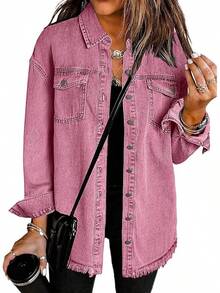 Vetinee Women's Oversized Button Up Frayed Hem Shacket Long Sleeve Pockets Denim Jean Jacket - 紫丁香玫瑰 - 查看 1