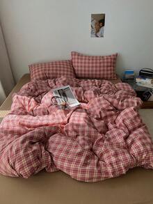 4 件套复古格子羽绒被套，柔软舒适的卧室床上用品，可爱格子图案，透气柔软的四季床上用品套装，包括 1 个羽绒被套、1 张床单、2 个枕套，无填充物，适用于卧室、宿舍、家庭使用，多种尺寸可选 - 紅色 - 查看 3