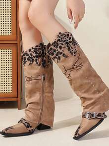 Western Cowboy Boots With Leopard Print Patchwork, Casual Vintage Outdoor Fabric Strap Riding Boots - Brown - View 6